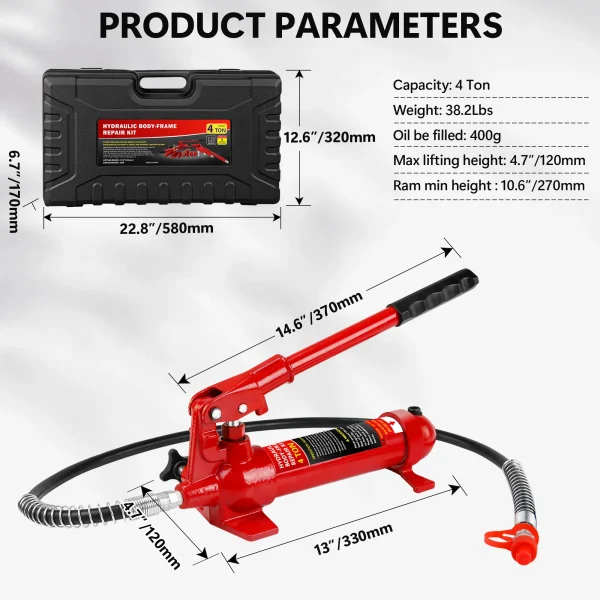 4 Ton Porta Power Kit, Portable Hydraulic Jack with Oil Hose, Auto Body Frame Repair Kit with Storage Case for Car Repair, Truck - Image 3